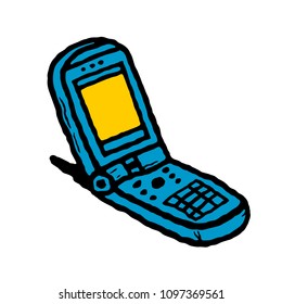 Phone. Hand-drawn clamshell phone with antenna on white background isolated.  Stock vector illustration.