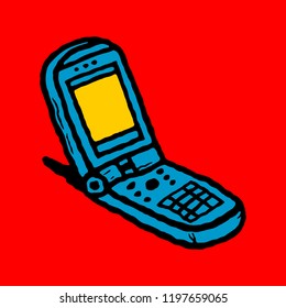Phone. Hand-drawn clamshell phone with antenna on red background isolated. Stock vector illustration.