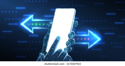 Phone In Hands With Blank Screen And Arrows. Money Exchange, Mobile Banking, Digital Wallet, Fast Payment, Send Transaction, Online Transfer, Smart Pay, Crypto Transfer Concept. Digital App Mock Up.