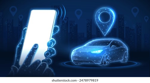 Handy in den Händen mit leerem Bildschirm und digitalem Auto. Parkplatz-Anwendung, Car-Sharing, Uber-Service, Mobile Navigationstechnologien, Teilen fahren, City-Taxi, Kartenstandort, Mitfahrkonzept. Moskup