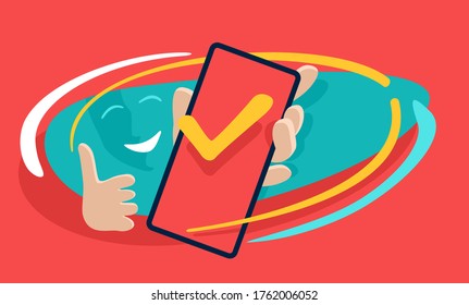 Phone in hands with check mark on screen and abstract decorative elements - modern colorful vector banner