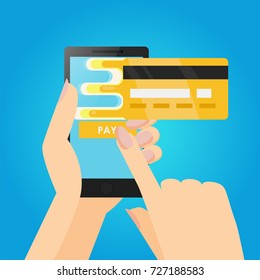 Phone in hands with a credit card. Payment online from mobile. Vector flat banner