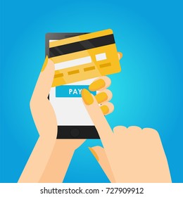 Phone in hands with a credit card. Payment online from mobile. Vector flat banner