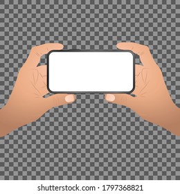 phone in hands in a horizontal position with a white screen, on a transparent background.
Two hands are holding a cell phone with a blank display.
Stock vector illustration