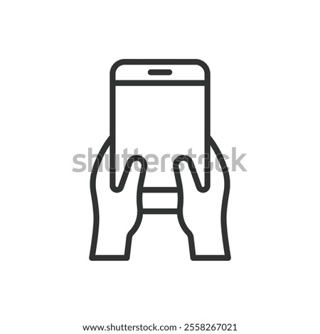 Phone in hands, icon in line design. Phone, hands, smartphone, device, touch, user, mobile on white background vector. Phone in hands editable stroke icon