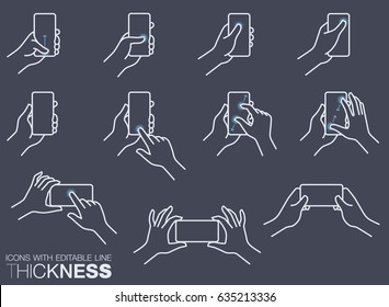 Phone in hands icon set, dark background