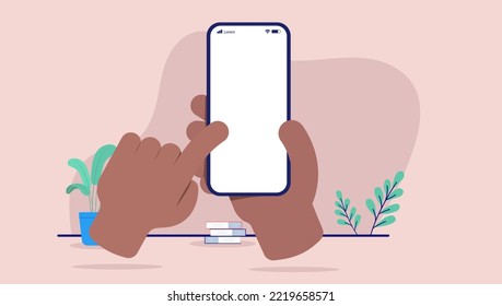 Phone in hands mockup - African  person holding mobile phone and interacting with finger. Flat design vector illustration