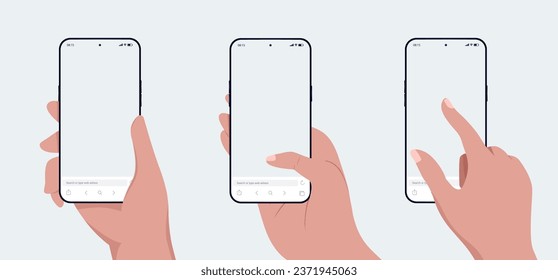 Phone and hands mockup collection - Set of vector illustration with hand holding smartphone and using touch screen. Flat design vector illustration with light grey background