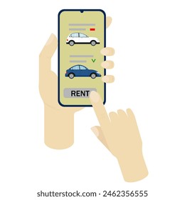 Phone in hands, on a white background, with a mobile application for car sharing and car rental for traveling and moving around the city. Selecting a car. Front view. Car sharing concept illustration