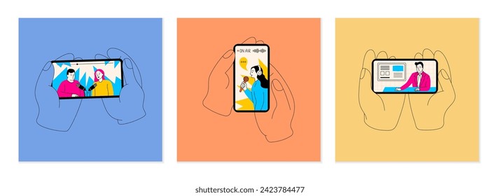 Phone in hands. People holding smartphones. Mobile video app. News broadcast. Doodle podcast. Persons watch vlog. Digital movie. Social media interview live streaming. Vector garish illustrations set