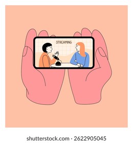 Phone in hands. People holding smartphones. Mobile video app. News broadcast. Doodle podcast. Cellphone user watching vlog. Digital movie. Social media interview live streaming. Vector garish card