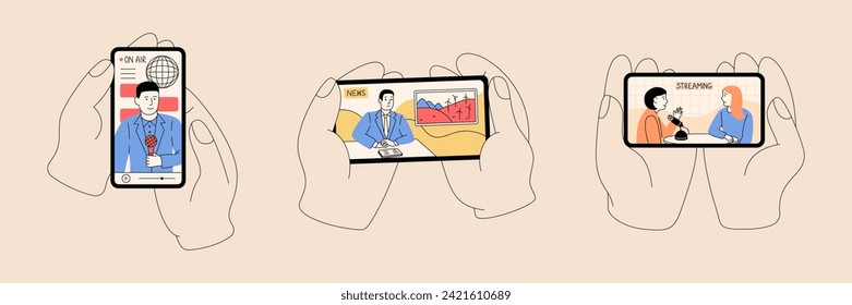 Phone in hands. Smartphone icon. Mobile video app. Vlog online streaming. Cartoon people holding smartphone. Digital news podcast. Doodle design. Watch media podcast. Vector garish illustrations set