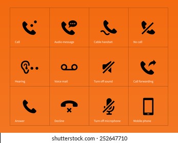 Teléfono e iconos de llamada en fondo naranja. Ilustración vectorial.