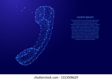 Phone handset from futuristic polygonal blue lines and glowing stars for banner, poster, greeting card. Vector illustration.