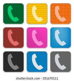 Phone Handset sign on colorful textured app icons. Vector illustration