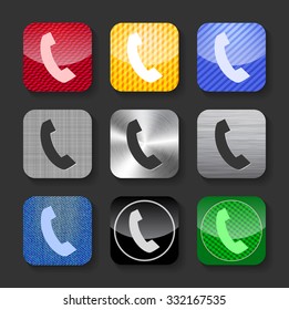 Phone handset sign on glossy and metallic rounded square icons with. Vector Illustration