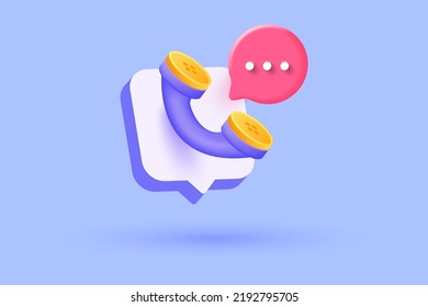 Phone handset with speech bubble. Cartoon minimal style. Support, customer service, help, communication concept. 3d Vector Illustration