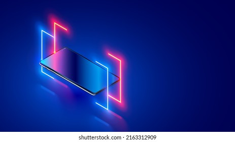 Phone hanging over dark blue glass desk around neon lighting lines. Mock up or template smartphone. Mobile cellphone with empty dark screen with glass gradient. Smartphone tech Isometric background.