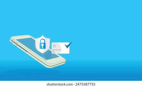 The phone has a security icon and a credit card.Security concept in online shopping