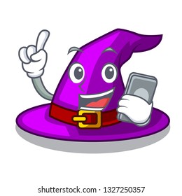 With phone with hat in the shape mascot