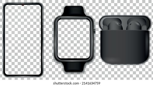 Phone, headphone, watch mockup. Smartphone, earphone, smart watch black illustration.