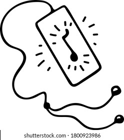 Phone with headphones and music included. Listen to music on your  smart phone. Smartphone with Earbuds. Hand-draw illustration in doodle style. Black isolated on a white background. Vector.