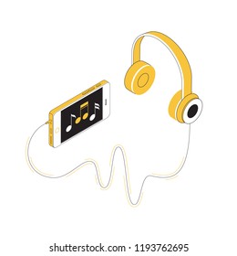 Phone and Headphones Music Listening. Laconic Isometric Illustration