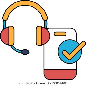Un teléfono y unos auriculares se muestran con una marca de verificación en el teléfono. Concepto de un entorno profesional, posiblemente en un centro de llamadas o un entorno similar