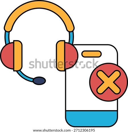 A phone and a headset with an X on it. The phone and headset are both black and white. The X is a red cross with a white border