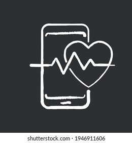 Phone with heart chart chalk icon. Health and training. Sport lifestyle. Thin line customizable illustration. Contour symbol. Vector isolated outline drawing.