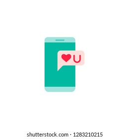 Phone with heart flat icon. Love message phone. Love symbol, logo sign. Valentine s Day vector illustration.