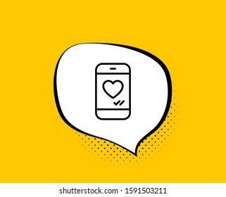Phone with heart line icon. Comic speech bubble. Social media like sign. Smartphone Love message symbol. Yellow background with chat bubble. Love chat icon. Colorful banner. Vector