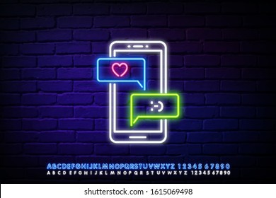 Phone with heart line icon. Neon laser lights. Social media like sign. Smartphone Love message symbol. Glow laser speech bubble. Neon lights chat bubble. Banner badge with love chat icon. Vector