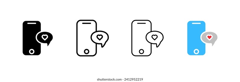 Phone with heart message bubble. Line, speech bubble, smartphone screen, phone with heart speech bubble icons. Vector icons