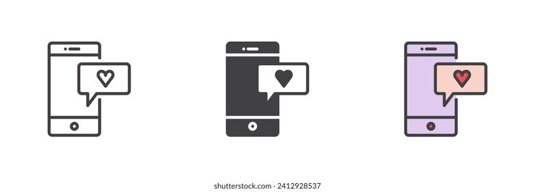 Phone with heart message different style icon set. Line, glyph and filled outline colorful version, outline and filled vector sign. Love chat symbol, logo illustration. Vector graphics