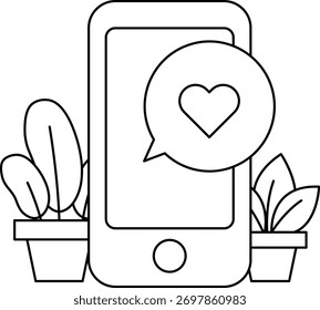 Un teléfono con un corazón en él y una burbuja de chat con la palabra amor. El teléfono está rodeado de plantas