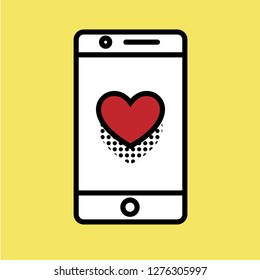 Phone with heart on the screen. Pop art stylized flat vector icon for Valentine's day.