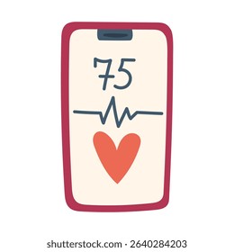 phone with a heart pattern, cardiogram, and the number of beats. The flat color illustration is suitable for medical websites, posters about health, fitness, disease prevention and cardiac activity.