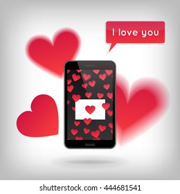Phone with heart pattern, envelope on screen and with cut hearts flying around. Valentine's Day and Love concept, realistic illustration