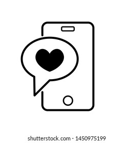 Phone with heart in a speech bubble, mobile phone and love message. vector