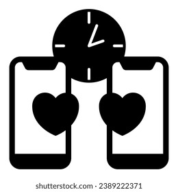 Phone, hearts, clock, dating, texting, message solid icon, speed dating concept, chat vector sign on white background, glyph style icon for mobile concept and web design. Vector graphics