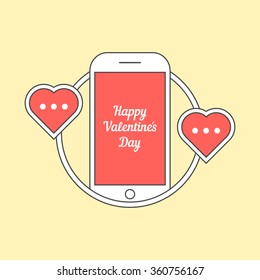 phone with hearts like messaging. concept of penpal, rendezvous, gadget, device, affair, flirt, connect, call. isolated on yellow background. flat style trend logo design vector illustration
