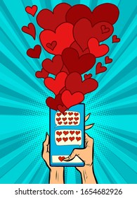 phone hearts. social networks sympathy connections. Comic cartoon pore art retro vector kitsch vintage