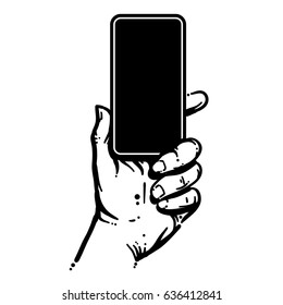 Phone held in hand, black and white illustration