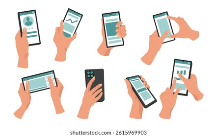Phone hold hand. Use smart smartphone. Finger press on screen. Swipe arm on tablet. Icon of palm holding mobile. Action app. Tap gesture at gadget display. Call and message. Vector tidy cartoon set