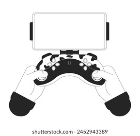 Phone holder for game controller cartoon human hands outline illustration. Gamepad smartphone empty screen 2D isolated black and white vector image. Press buttons flat monochromatic drawing clip art