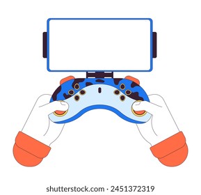 Phone holder for game controller linear cartoon character hands illustration. Gamepad smartphone empty screen outline 2D vector image, white background. Pressing buttons editable flat color clipart