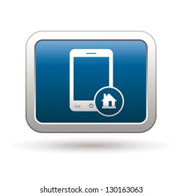 Phone with home menu icon on the blue with silver rectangular button. Vector illustration