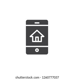 Phone with home on screen vector icon. filled flat sign for mobile concept and web design. Mobile property search simple solid icon. Symbol, logo illustration. Pixel perfect vector graphics