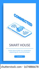 A phone with a home and a Wi-Fi icon on the screen and icons for controlling a smart home using a smartphone. Poster with isometric vector illustration. Suitable for technology and business top
